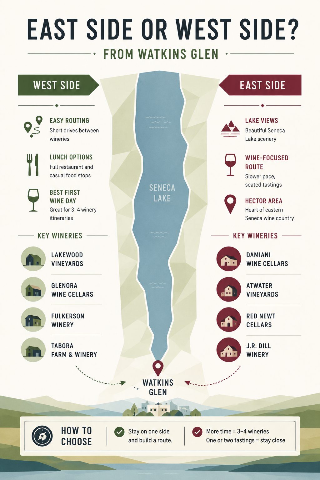 East vs west Seneca Lake wineries from Watkins Glen with recommended wine routes and winery options