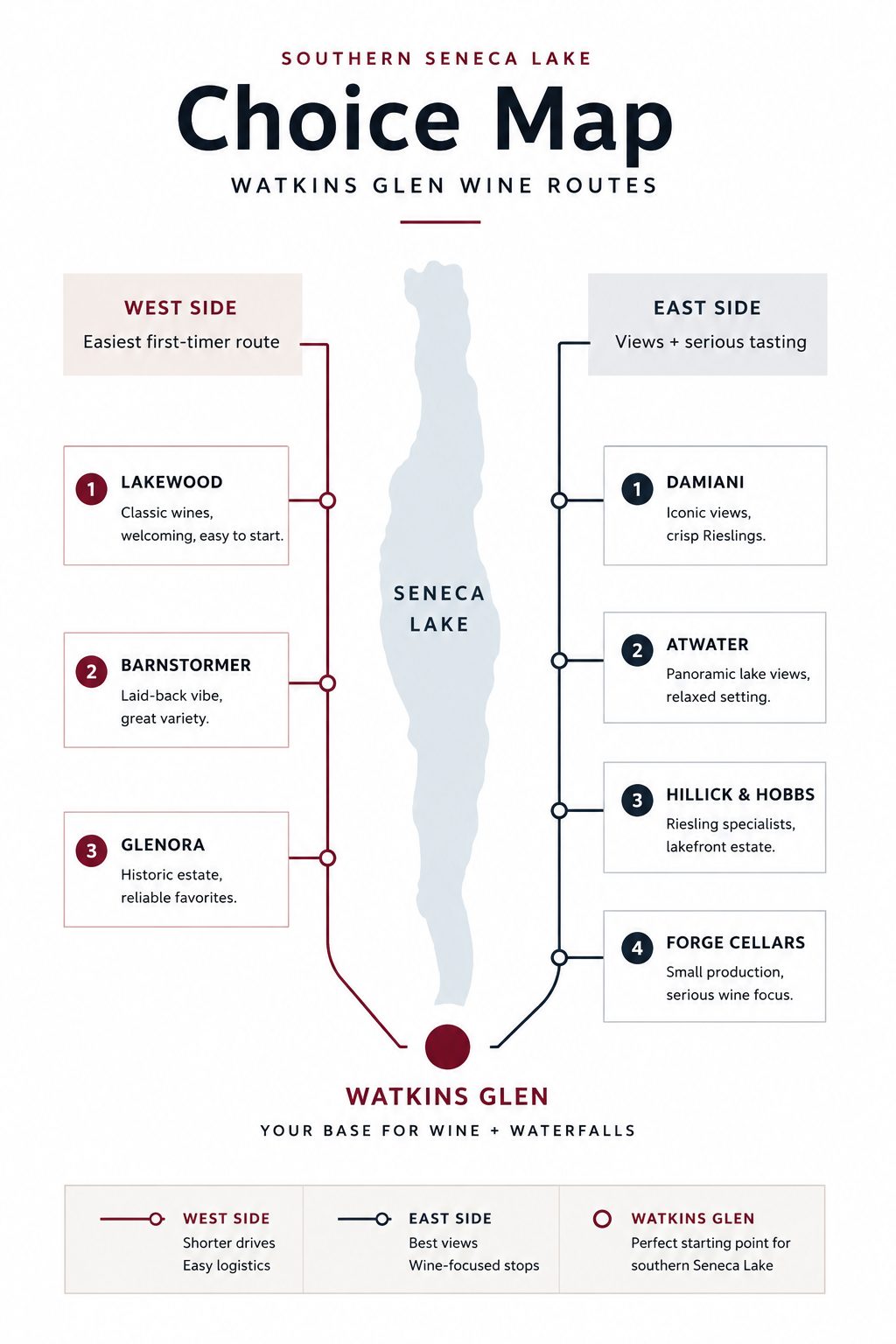 Minimalist southern Seneca Lake winery route selector from Watkins Glen