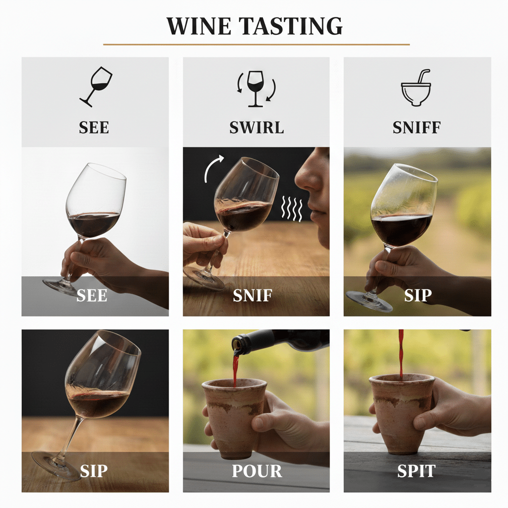 wine tasting: see, swirl, sniff, sip, spit